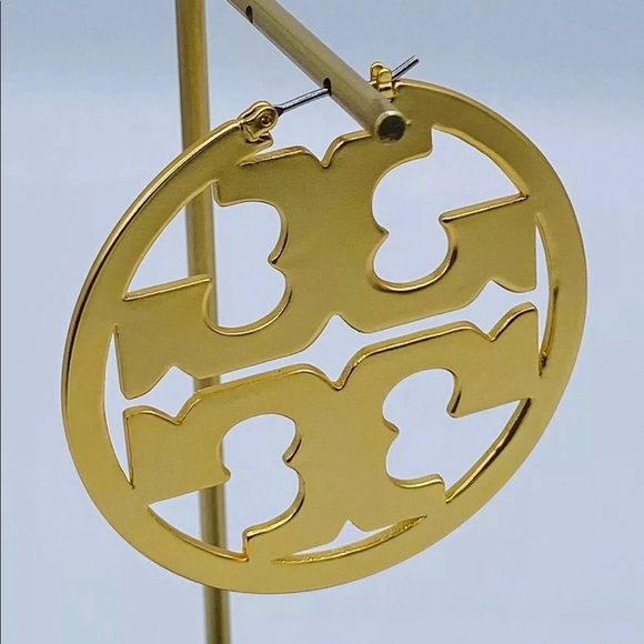 TORY BURCH GOLD LG. MILLER HOOP LOGO EARRINGS NWB! - Picture 8 of 8